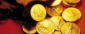 Gold coins spilled from a leather sack.