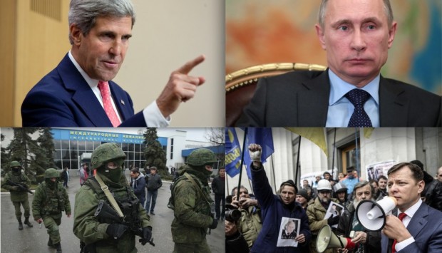 The Russian President Vladimir Putin on the top Left, on the top right U.S. Secretary of State John Kerry, on the bottom right Ukrainian armed troops and the bottom right Ukrainian protest.
