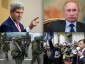 The Russian President Vladimir Putin on the top Left, on the top right U.S. Secretary of State John Kerry, on the bottom right Ukrainian armed troops and the bottom right Ukrainian protest.